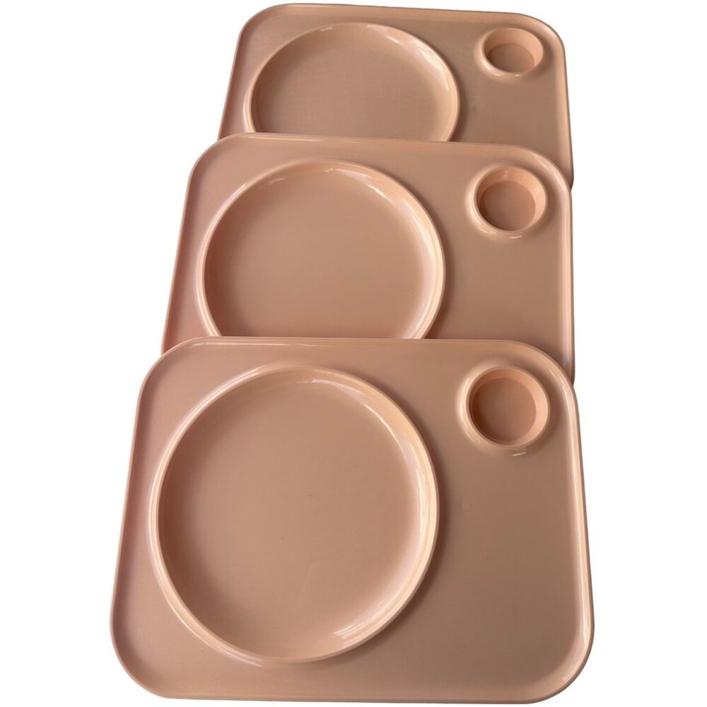 Set of 3 Plastic Lap Food Trays Tan w/Drink Holder 13.5" Length (BRAND UNKNOWN)